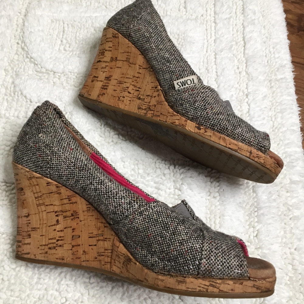 Toms Cork Heel Peep Toe Wedge Size 6.5